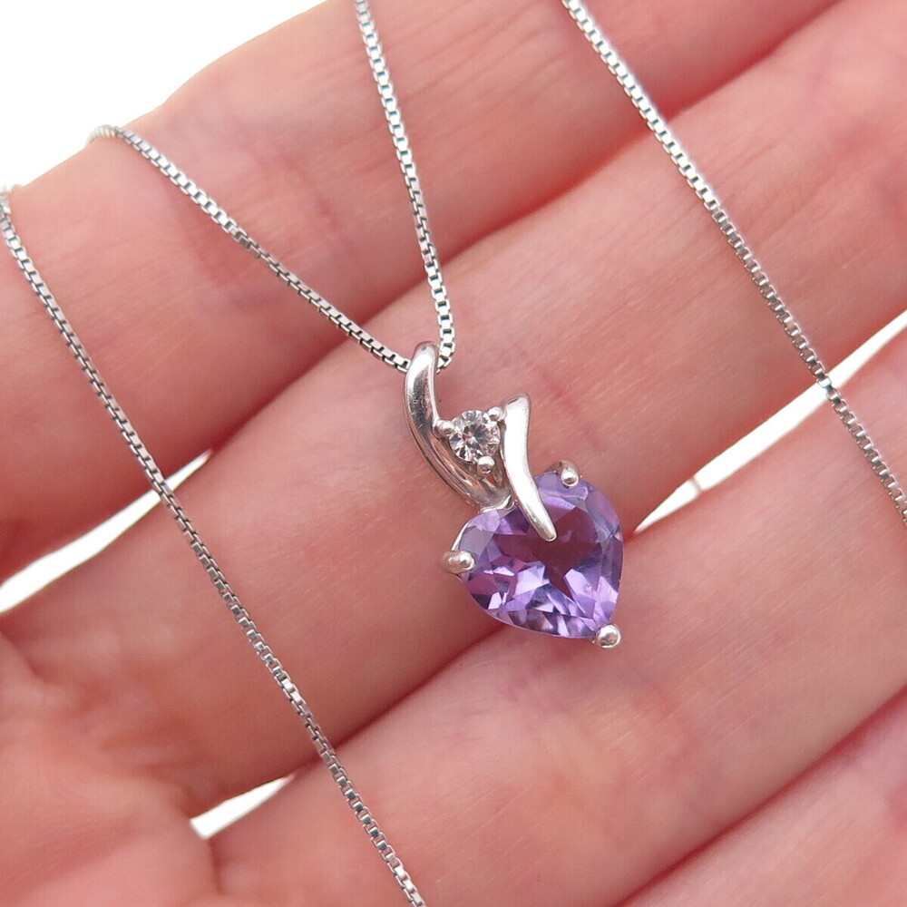 925 Sterling Silver Real Amethyst & White Topaz Heart Box Chain Necklace 18"